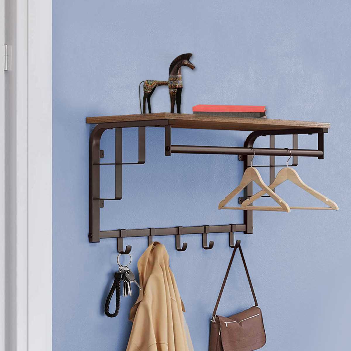 Wood And Metal Frame Coat Rack With 5 Removable Hooks, Brown And Black By Benzara | Coat Racks |  Modishstore 
