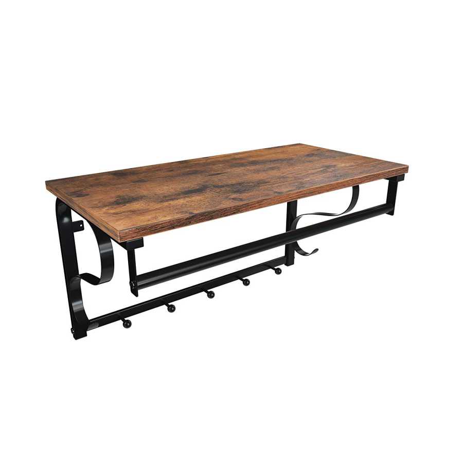 Iron Framed Wall Mounted Coat Rack With Storage Shelf And Hanging Rail, Brown And Black By Benzara | Coat Racks |  Modishstore 