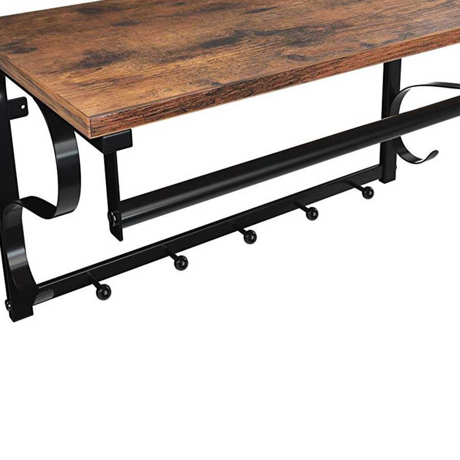 Iron Framed Wall Mounted Coat Rack With Storage Shelf And Hanging Rail, Brown And Black By Benzara | Coat Racks |  Modishstore  - 5