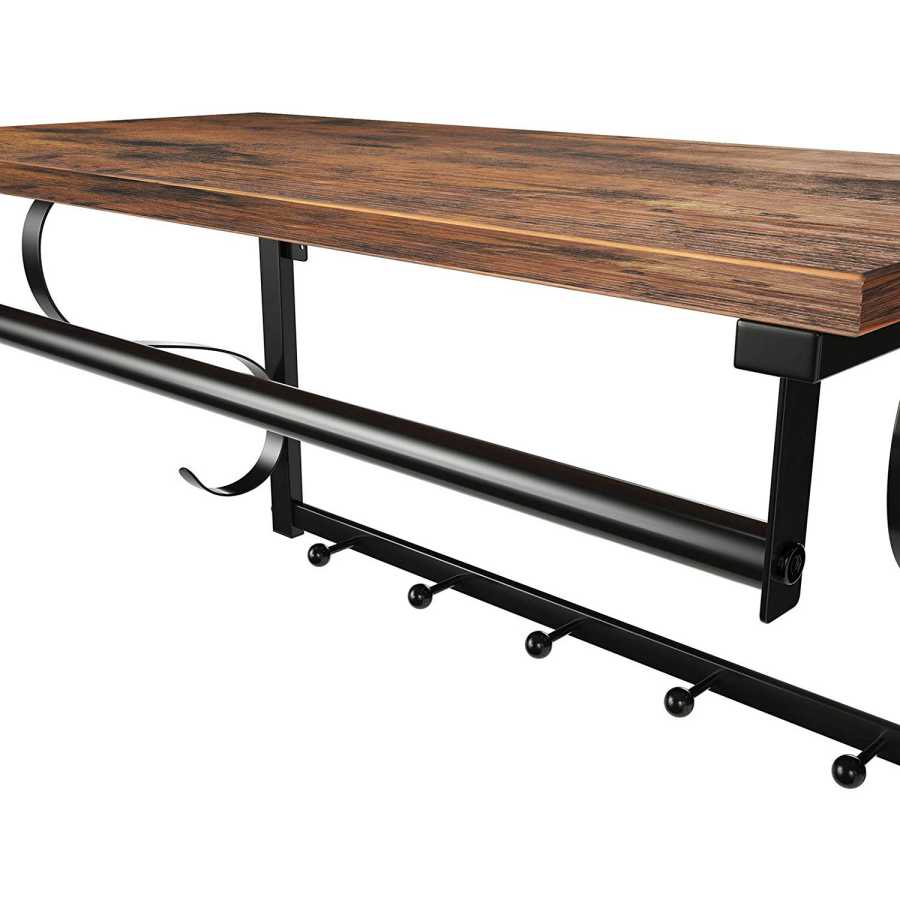 Iron Framed Wall Mounted Coat Rack With Storage Shelf And Hanging Rail, Brown And Black By Benzara | Coat Racks |  Modishstore  - 7