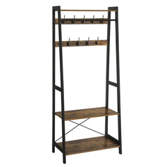 Iron Framed Coat Rack With Two Storage Shelves And Hanging Rail, Brown And Black By Benzara