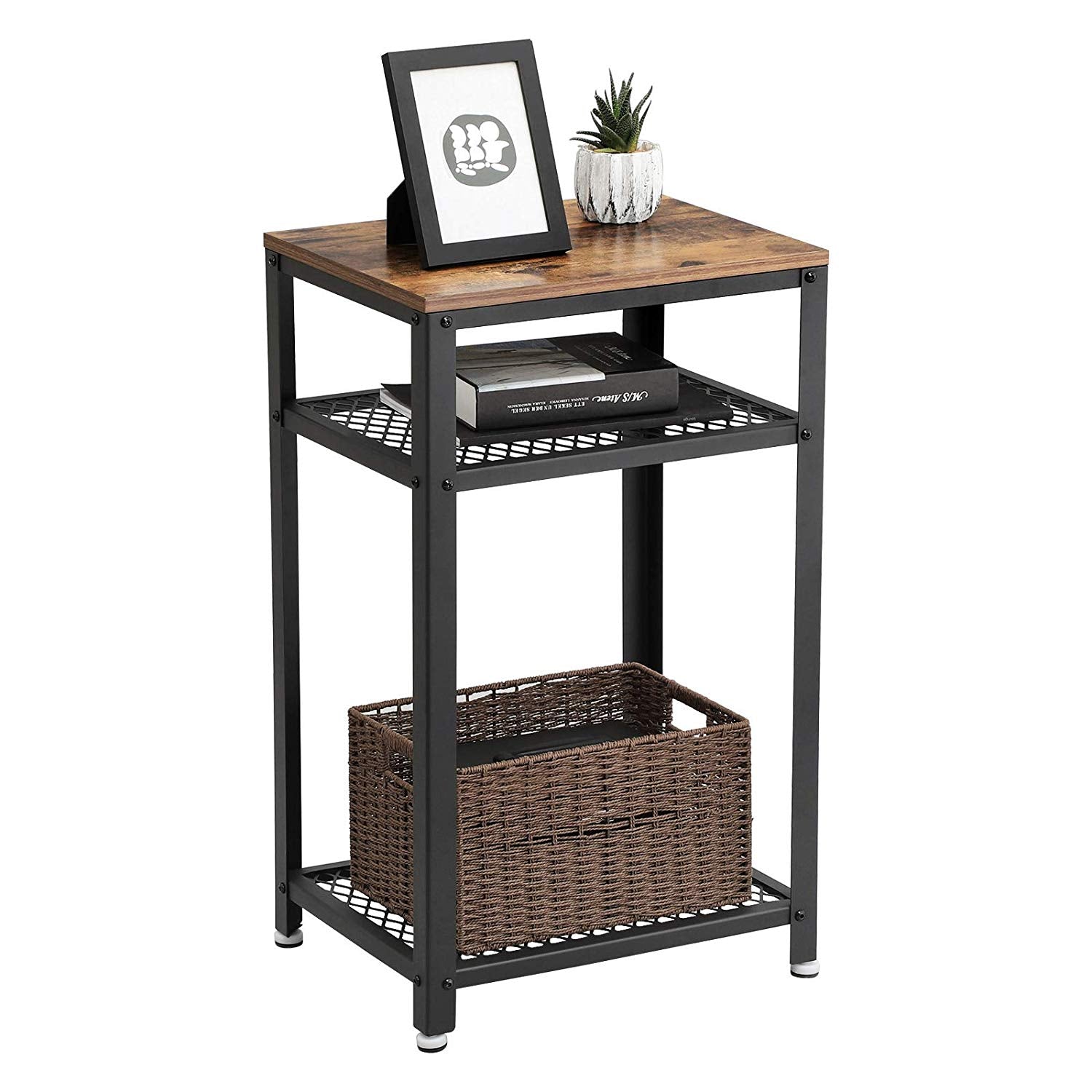 Industrial Style Iron And Wood Side Table With Two Tier Mesh Shelves, Black And Brown By Benzara | Side Tables |  Modishstore  - 2