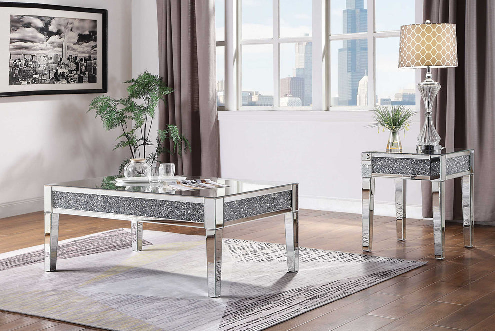Wood And Mirror End Table With Faux Crystals Inlay, Clear By Benzara | Side Tables |  Modishstore  - 2