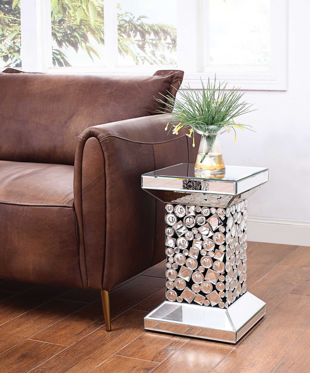 Wood And Mirror End Table With One Shelf, Clear And Black By Benzara | Side Tables |  Modishstore  - 2