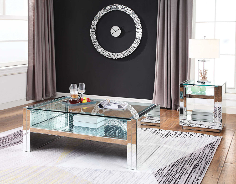 Square Wooden End Table With Mirror Panel Inserts And Faux Crystals, Silver By Benzara | Side Tables |  Modishstore  - 2