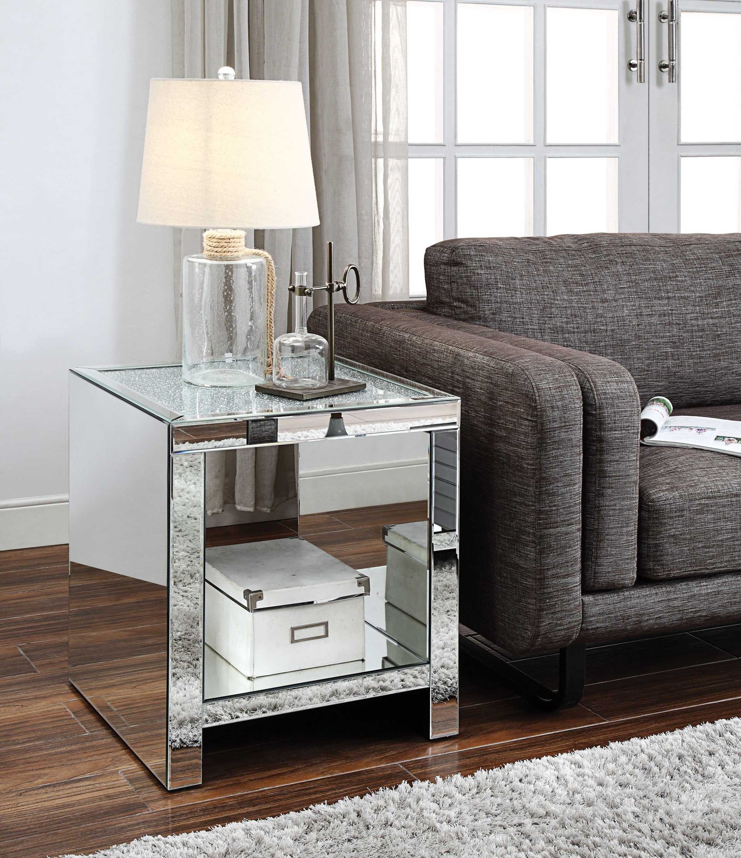 Wood And Mirror End Table With One Shelf, Clear By Benzara | Side Tables |  Modishstore  - 2