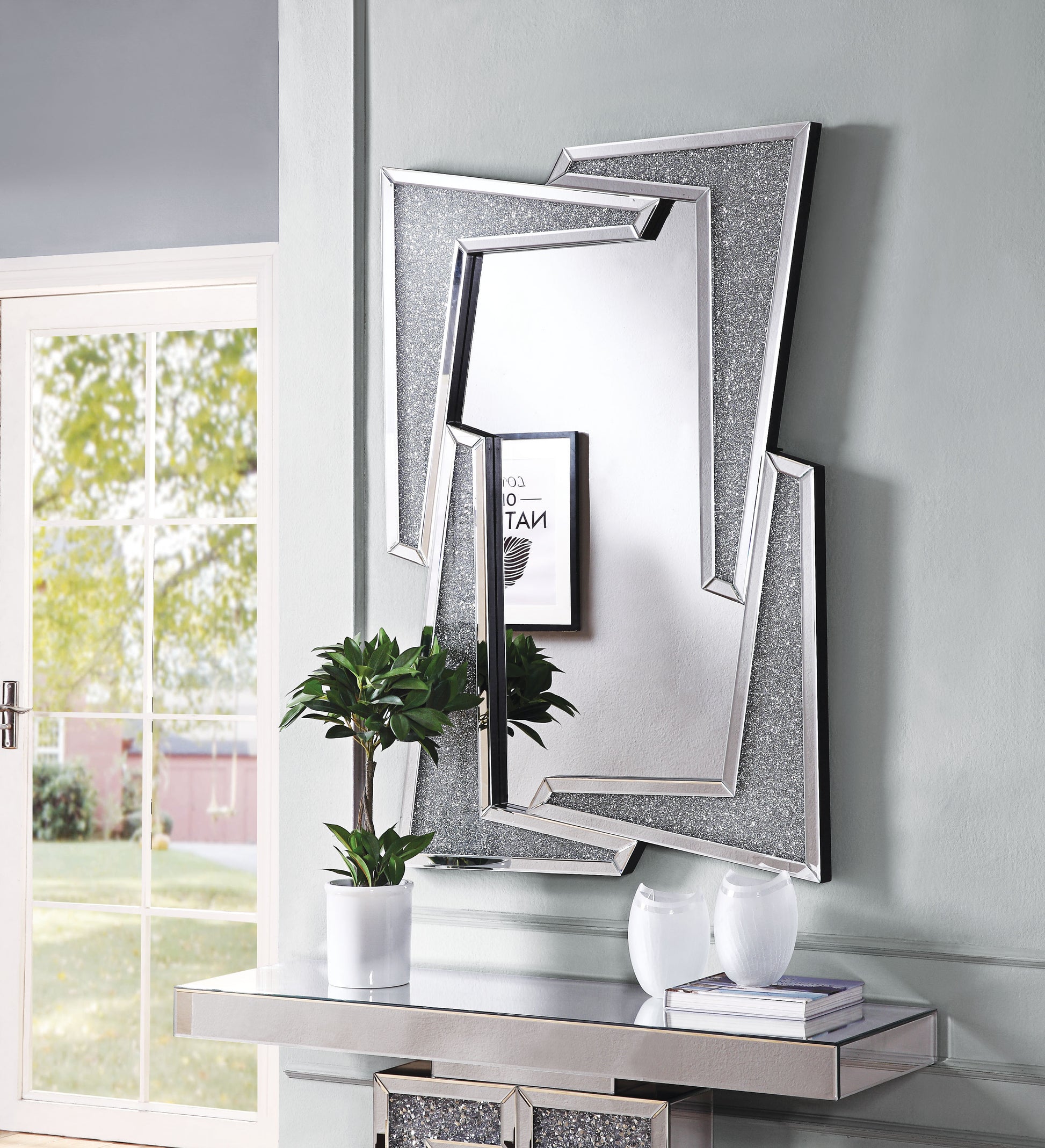 Mirrored Wooden Frame Accent Wall Decor With Four L Shaped Borders, Silver By Benzara | Mirrors |  Modishstore 