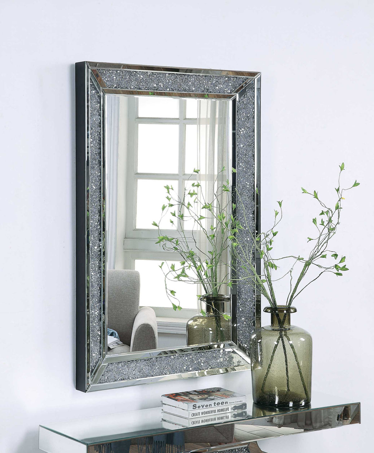 Rectangular Faux Crystal Inlaid Mirrored Walldecor With Wooden Backing, Clear By Benzara | Mirrors |  Modishstore 
