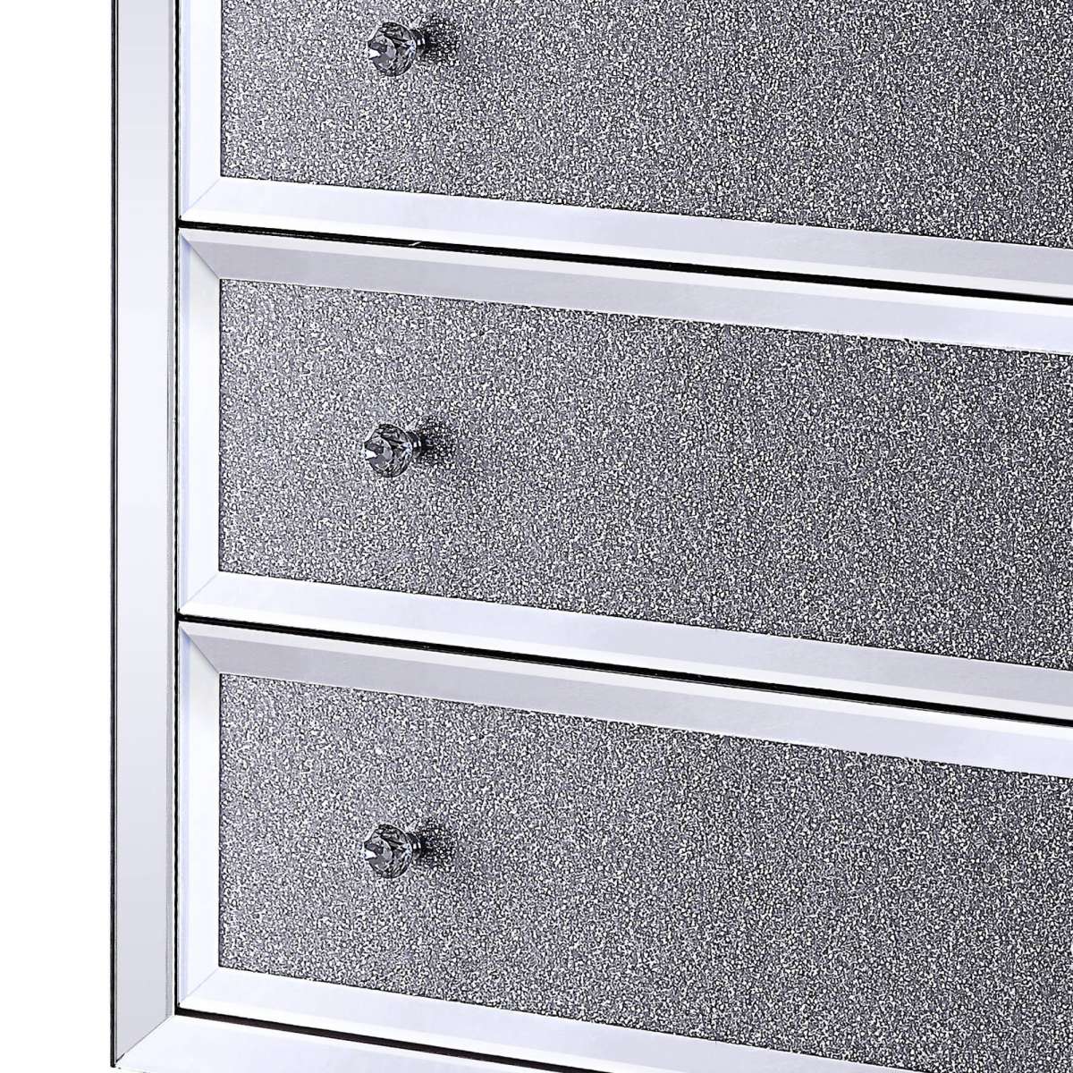 Three Drawers Wooden Cabinet With Mirrored Paneling And Faux Crystal Inlay, Clear By Benzara | Cabinets |  Modishstore  - 5