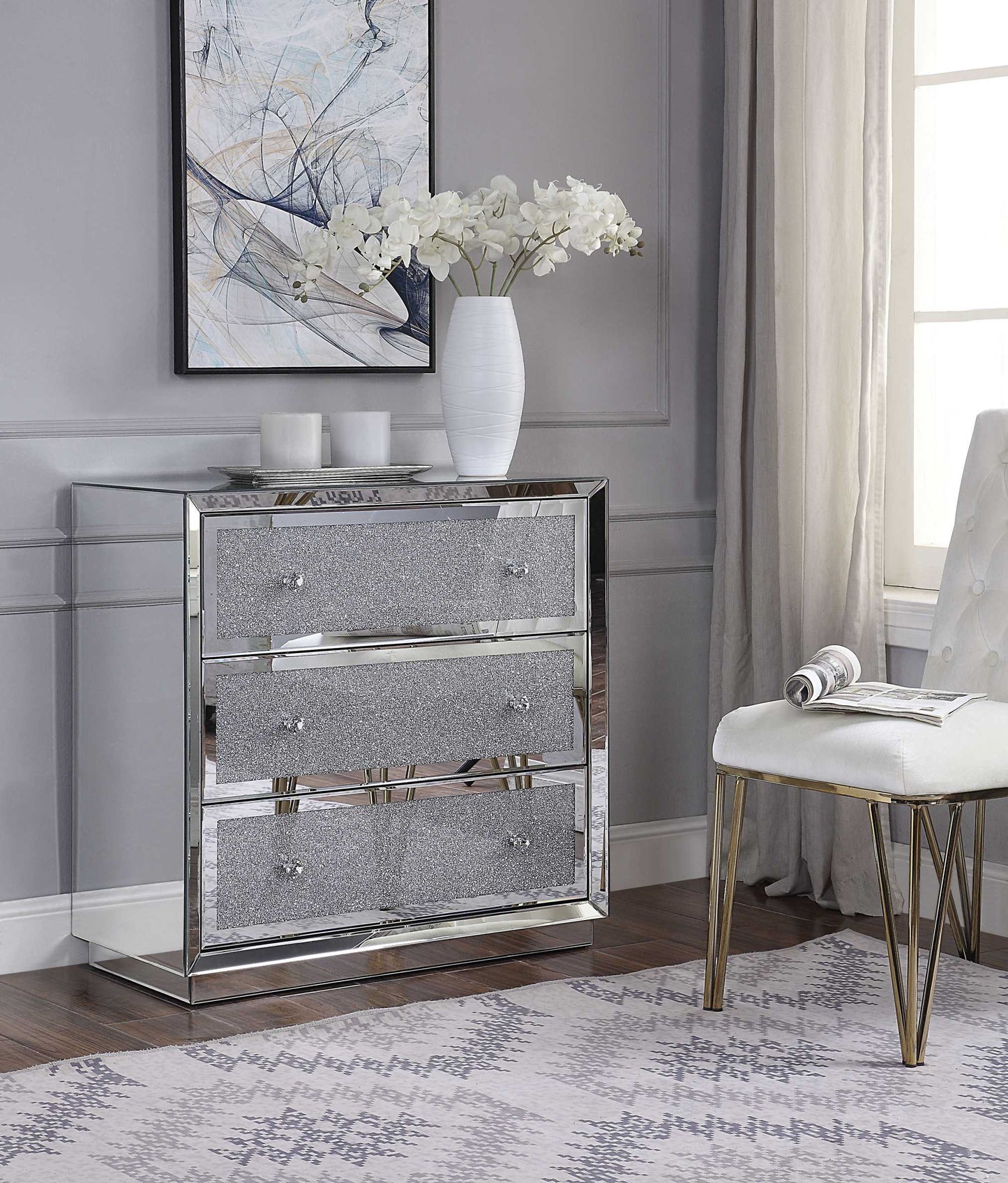 Three Drawers Wooden Cabinet With Mirrored Paneling And Faux Crystal Inlay, Clear By Benzara | Cabinets |  Modishstore  - 2