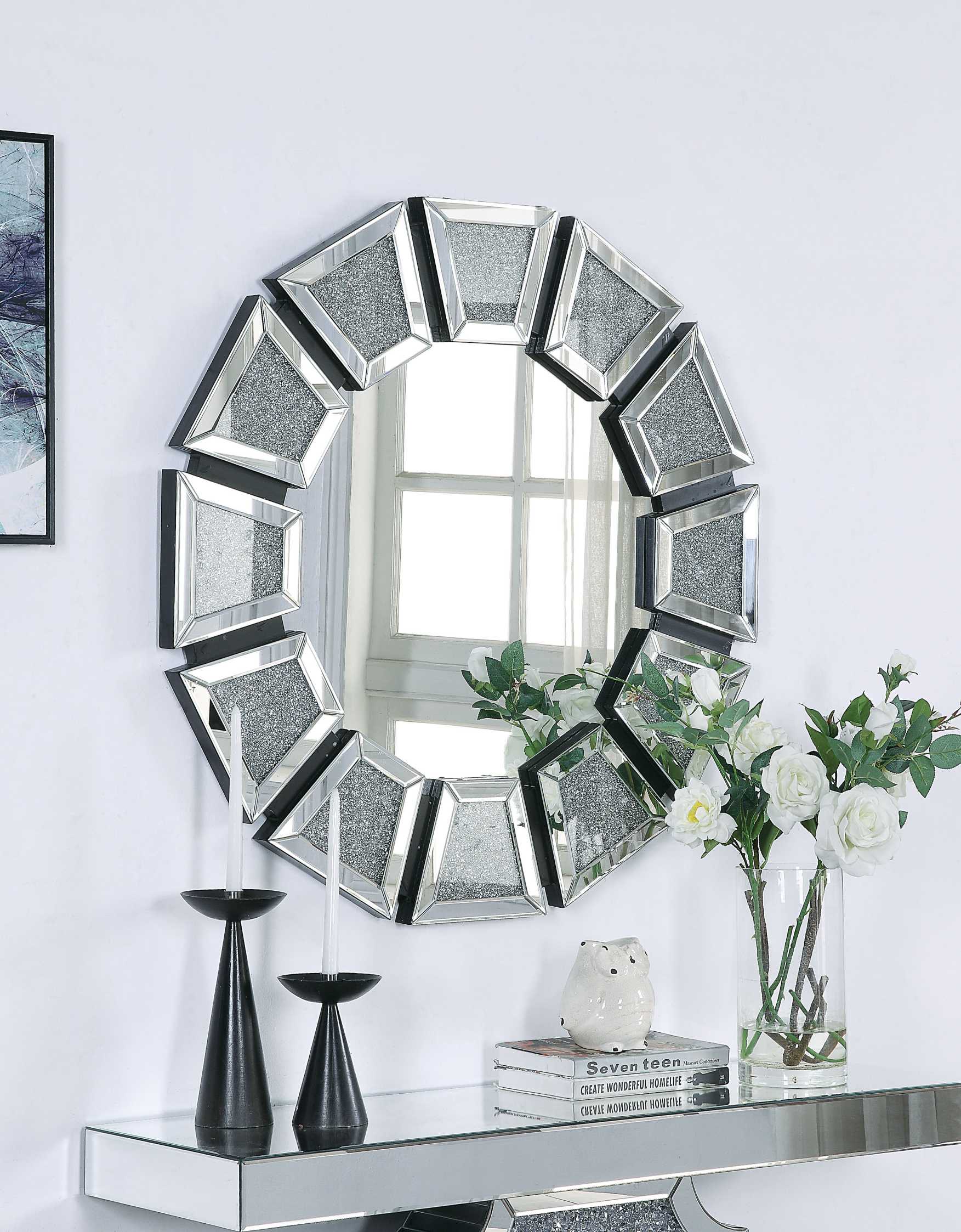 Wooden Backing Walldecor With Tapered Mirrored Panel Borders, Clear And Black By Benzara | Mirrors |  Modishstore 