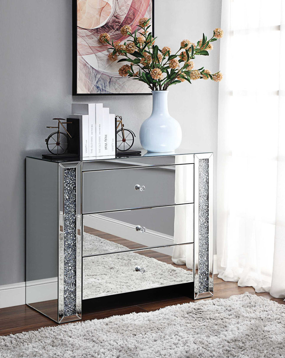 Wood And Mirror Cabinet With Three Drawers, Clear By Benzara | Cabinets |  Modishstore  - 2