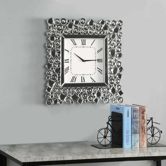 Wood And Mirror Wall Clock With Glass Crystal Gems, Clear And Black By Benzara | Clocks |  Modishstore 
