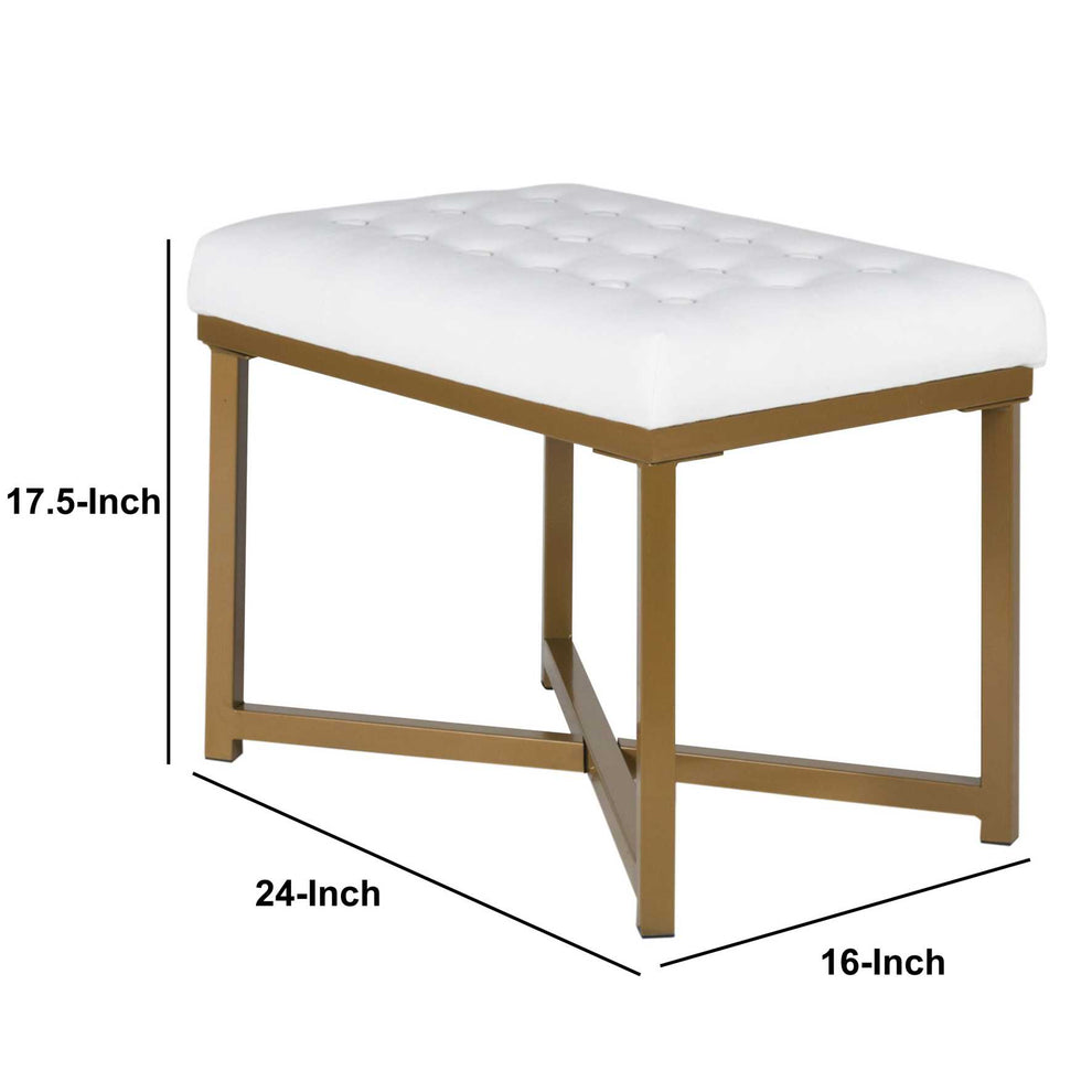Metal Framed Bench With Button Tufted Velvet Upholstered Seat, White And Gold By Benzara | Benches |  Modishstore  - 5