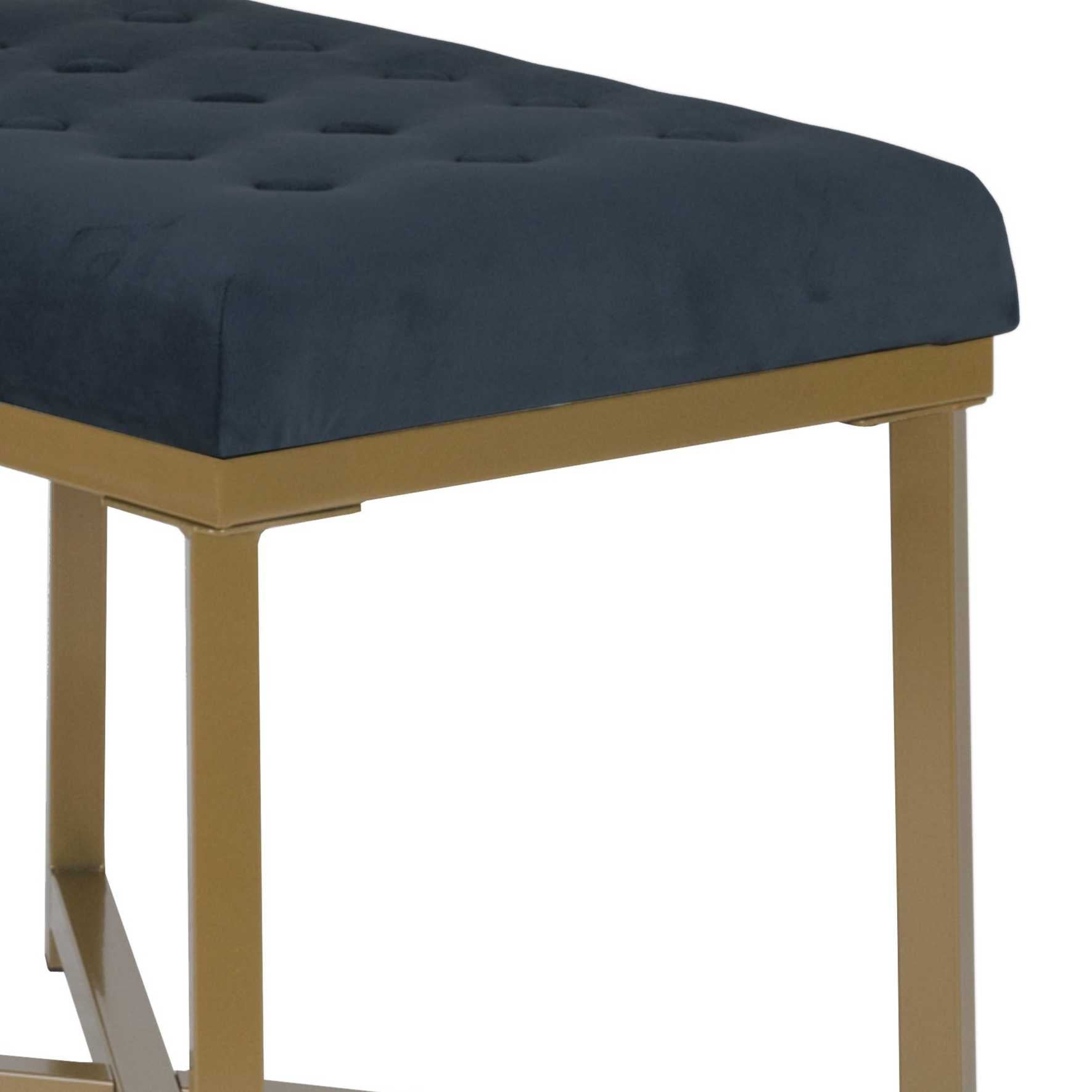 Metal Framed Bench With Button Tufted Velvet Upholstered Seat, Dark Blue And Gold By Benzara | Benches |  Modishstore  - 3