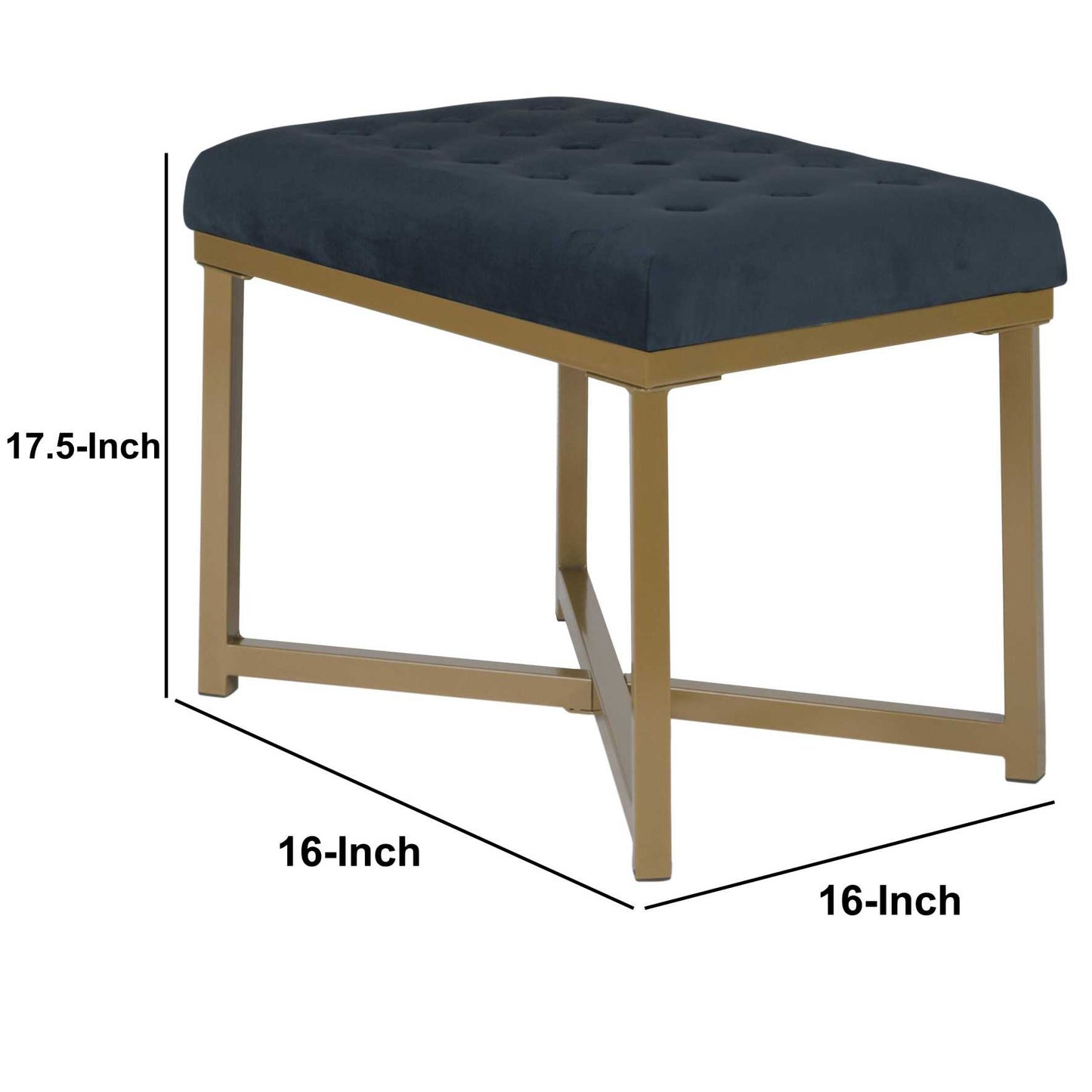 Metal Framed Bench With Button Tufted Velvet Upholstered Seat, Dark Blue And Gold By Benzara | Benches |  Modishstore  - 2