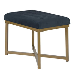 Metal Framed Bench With Button Tufted Velvet Upholstered Seat, Dark Blue And Gold By Benzara
