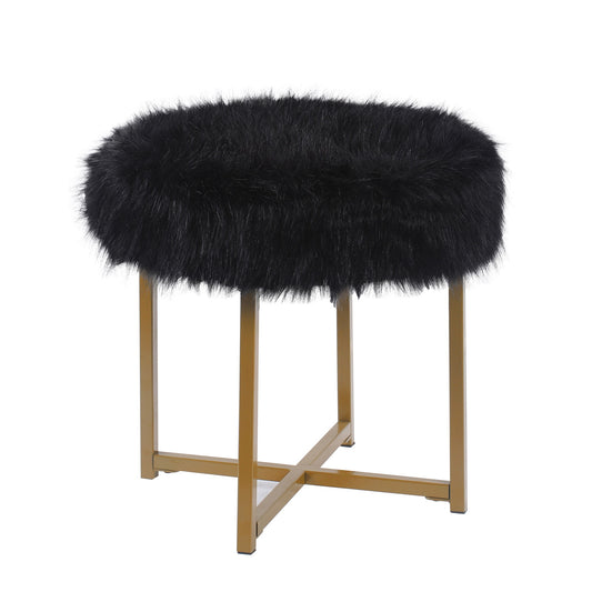 Round Faux Fur Upholstered Ottoman With X Shape Metal Base, Black And Gold By Benzara | Ottomans | Modishstore