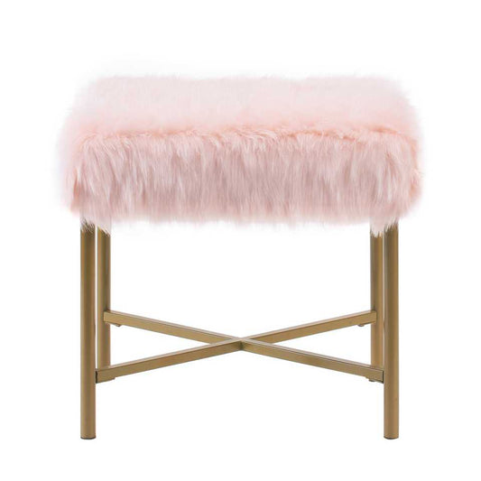Square Faux Fur Upholstered Ottoman With Tubular Metal Legs And X Shape Base, Pink And Gold By Benzara | Ottomans |  Modishstore 