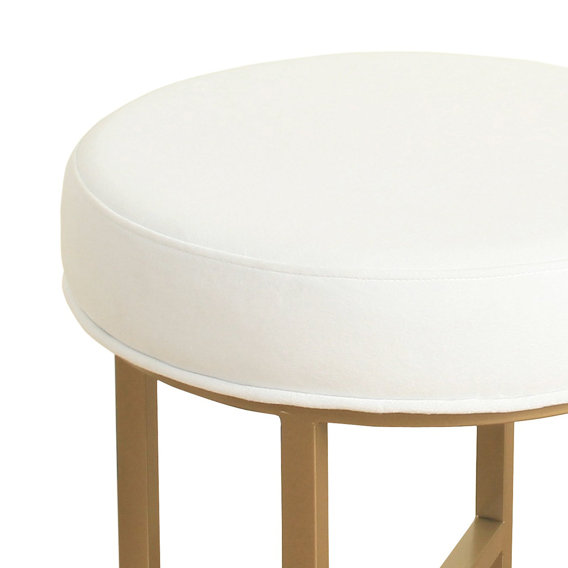 Round Shape Metal Framed Stool With Velvet Upholstered Seat, White And Gold By Benzara | Stools |  Modishstore  - 2
