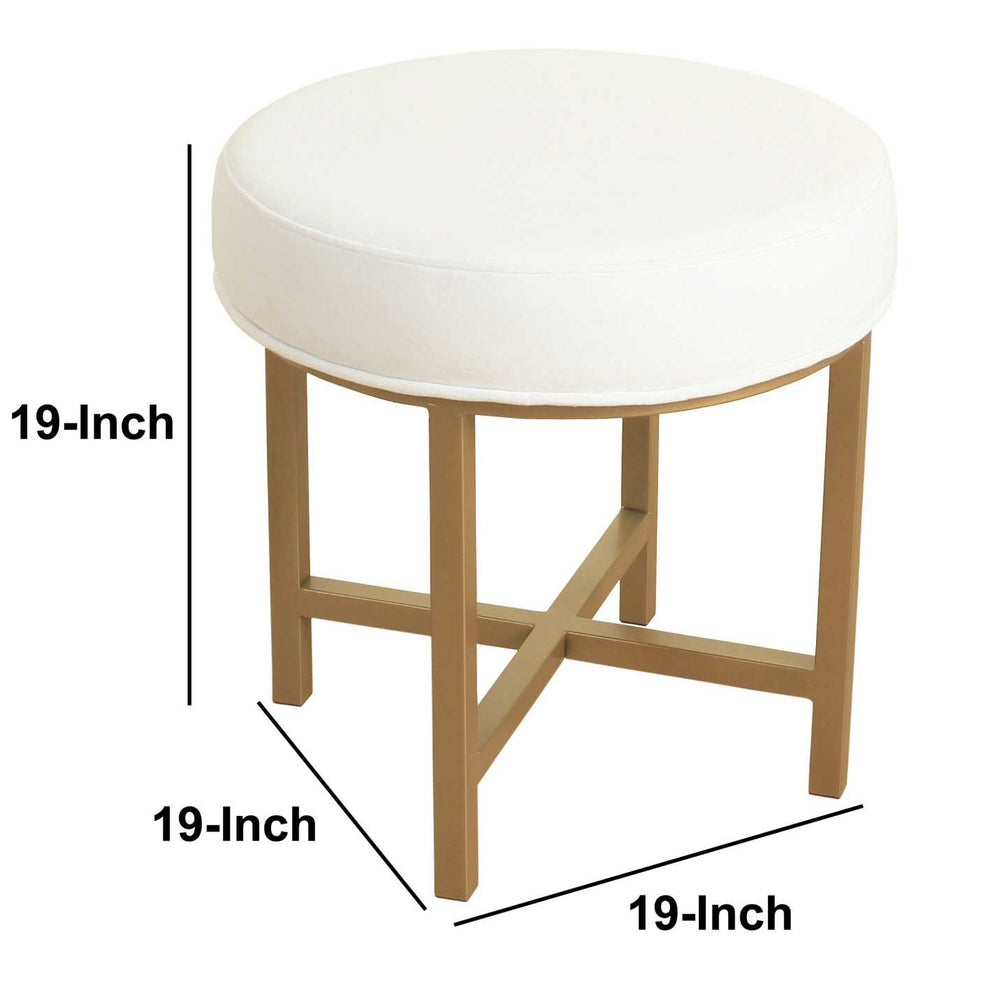 Round Shape Metal Framed Stool With Velvet Upholstered Seat, White And Gold By Benzara | Stools |  Modishstore  - 4