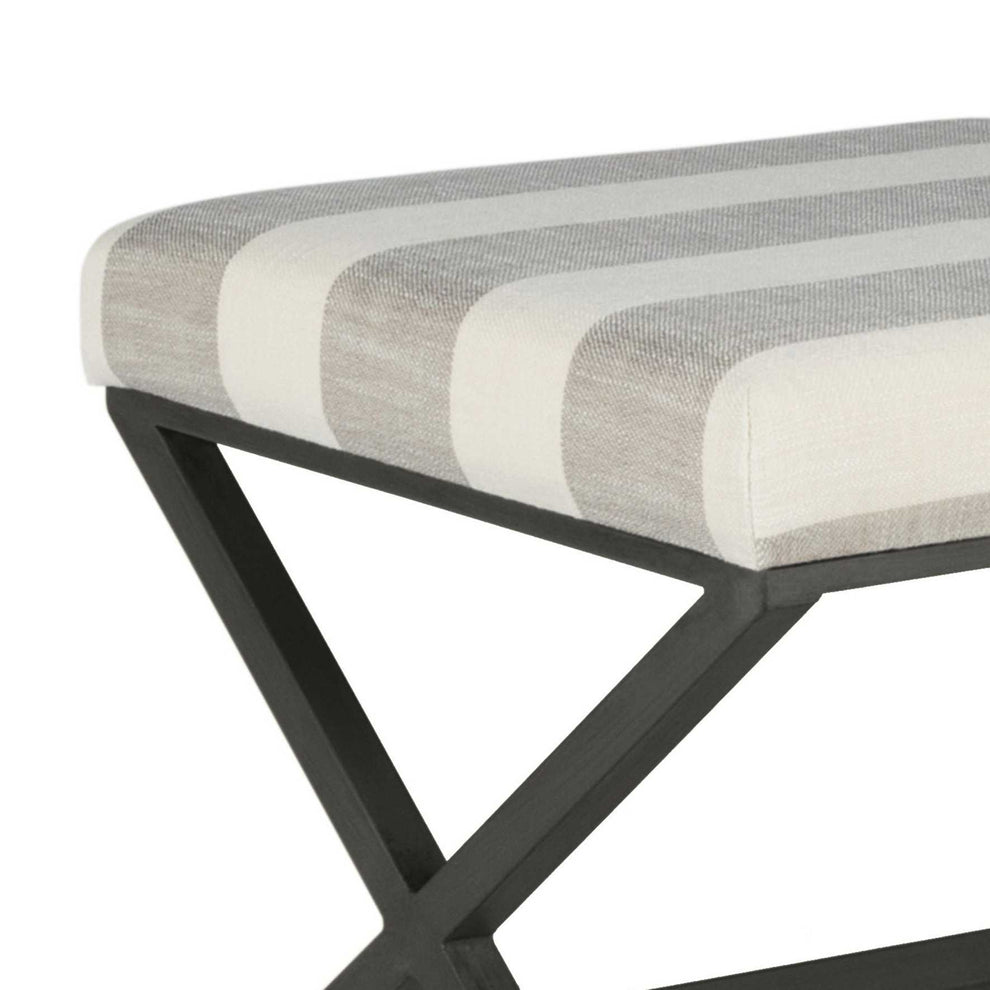 Stripe Pattern Fabric Upholstered Ottoman With X Shape Metal Legs, Cream And Gray By Benzara | Ottomans |  Modishstore  - 2