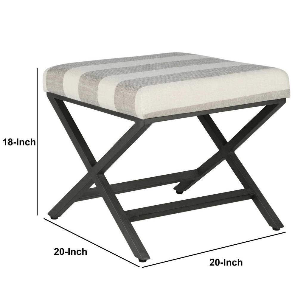 Stripe Pattern Fabric Upholstered Ottoman With X Shape Metal Legs, Cream And Gray By Benzara | Ottomans |  Modishstore  - 5