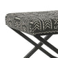Tribal Pattern Fabric Upholstered Ottoman With X Shape Metal Legs, Black And Cream By Benzara | Ottomans |  Modishstore  - 2