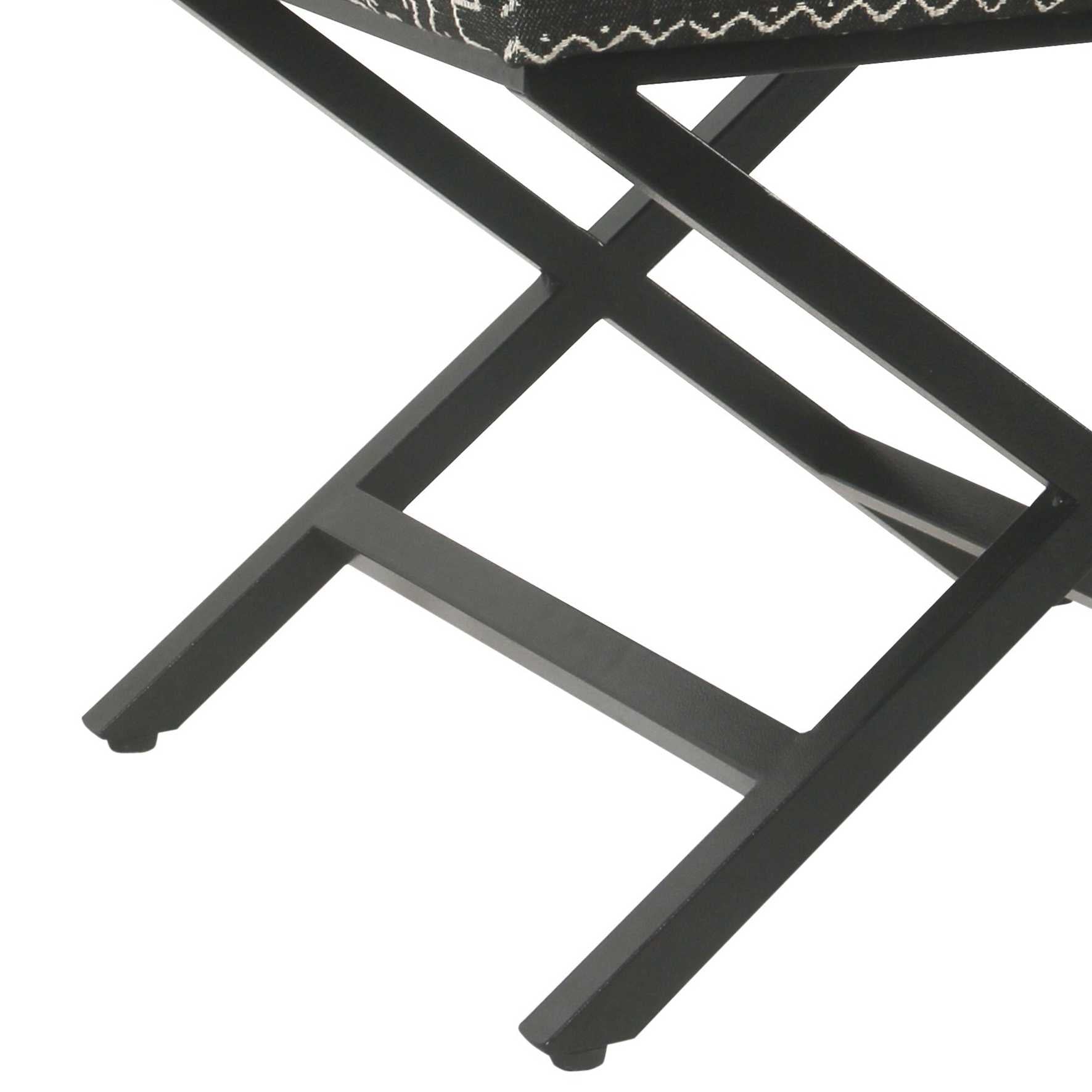 Tribal Pattern Fabric Upholstered Ottoman With X Shape Metal Legs, Black And Cream By Benzara | Ottomans |  Modishstore  - 4