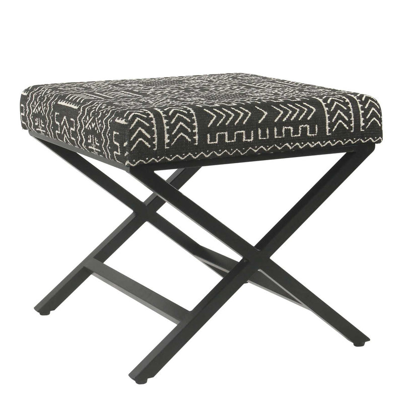 Tribal Pattern Fabric Upholstered Ottoman With X Shape Metal Legs, Black And Cream By Benzara | Ottomans |  Modishstore 