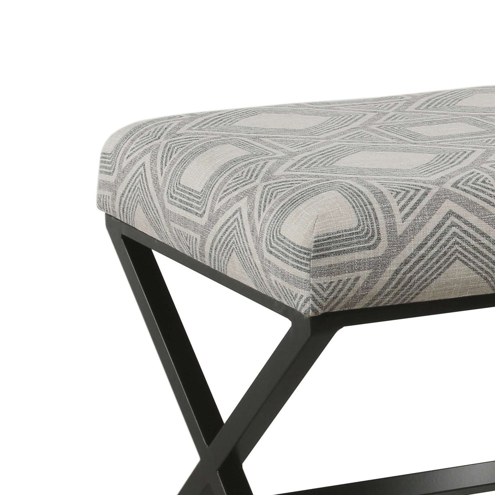 Geometric Pattern Fabric Upholstered Ottoman With X Shape Metal Legs, Gray And Cream By Benzara | Ottomans |  Modishstore  - 3