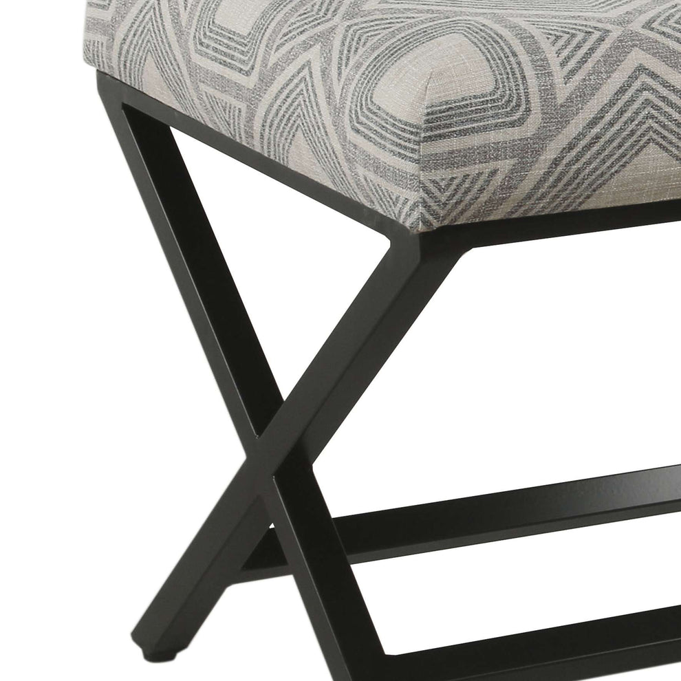 Geometric Pattern Fabric Upholstered Ottoman With X Shape Metal Legs, Gray And Cream By Benzara | Ottomans |  Modishstore  - 4