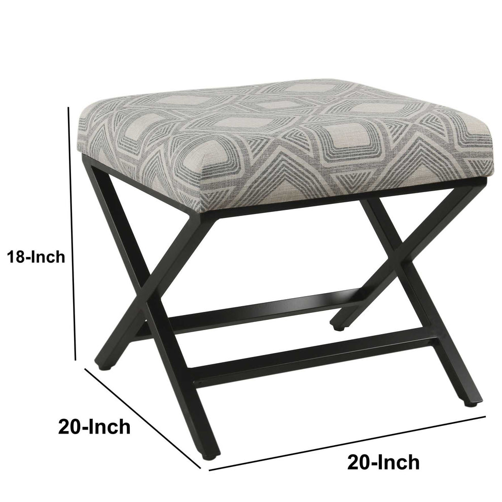 Geometric Pattern Fabric Upholstered Ottoman With X Shape Metal Legs, Gray And Cream By Benzara | Ottomans |  Modishstore  - 5