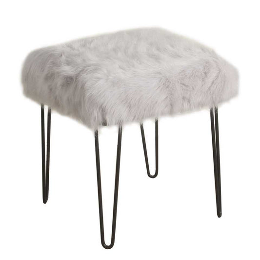 Metal Framed Stool With Faux Fur Upholstered Seat And Hairpin Legs, Gray And Black By Benzara | Stools |  Modishstore 
