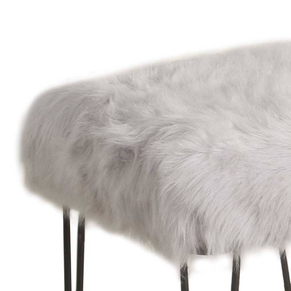 Metal Framed Stool With Faux Fur Upholstered Seat And Hairpin Legs, Gray And Black By Benzara | Stools |  Modishstore  - 3