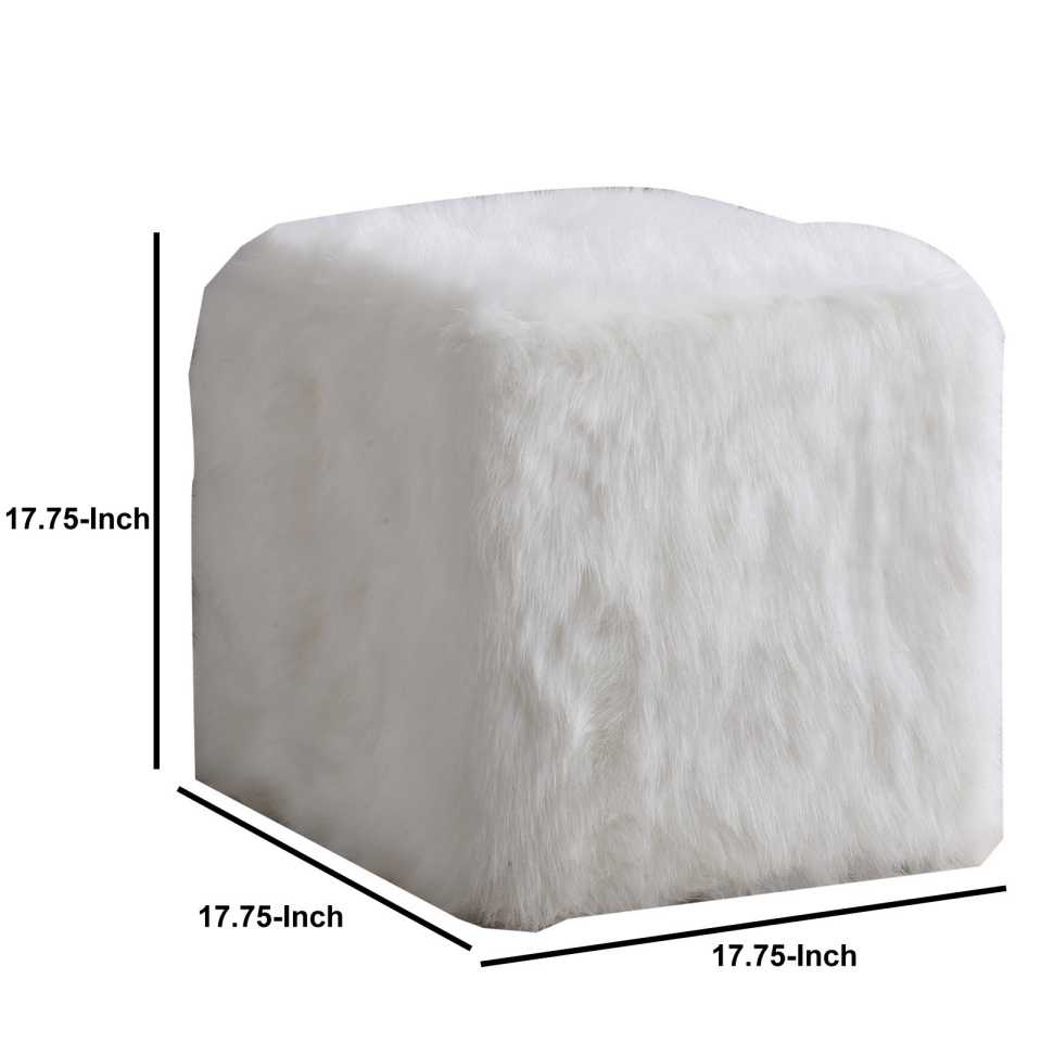 Faux Fur Upholstered Wooden Ottoman In Cube Shape, White By Benzara | Ottomans |  Modishstore  - 4