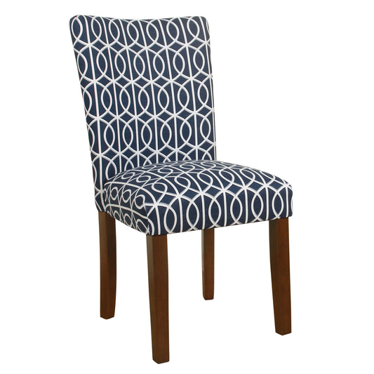 Trellis Patterned Fabric Upholstered Parsons Chair With Wooden Legs, Blue And White, Set Of Two By Benzara | Dining Chairs | Modishstore