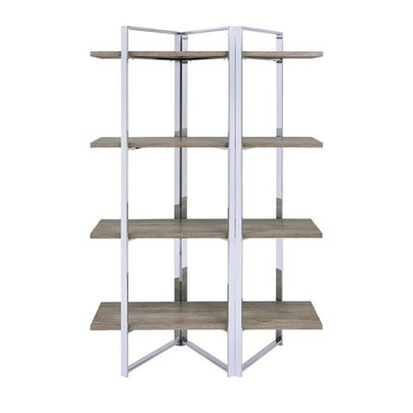 Geometric Metal Framed Bookshelf With Four Open Wooden Shelves, Brown And Silver By Benzara | Bookcases |  Modishstore  - 2