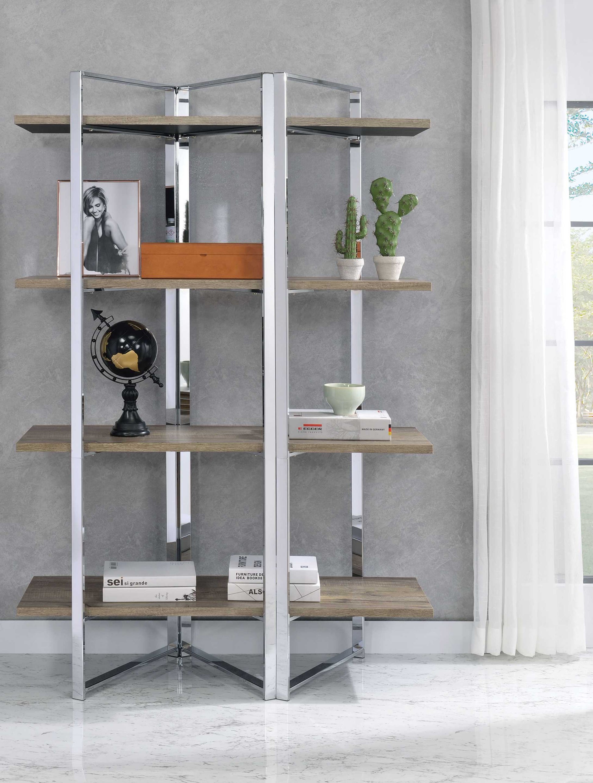 Geometric Metal Framed Bookshelf With Four Open Wooden Shelves, Brown And Silver By Benzara | Bookcases |  Modishstore 