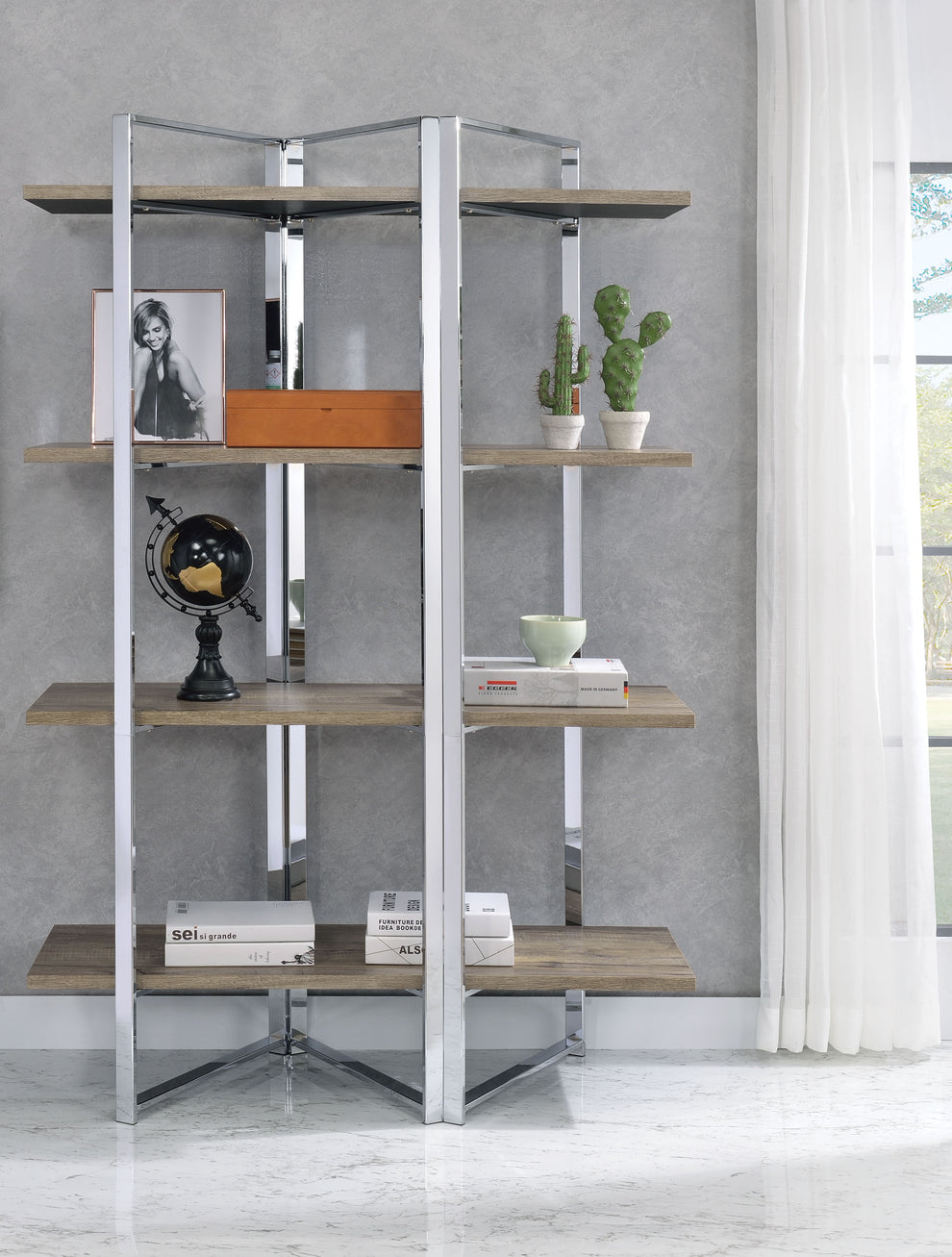 Geometric Metal Framed Bookshelf With Four Open Wooden Shelves, Brown And Silver By Benzara | Bookcases |  Modishstore  - 6