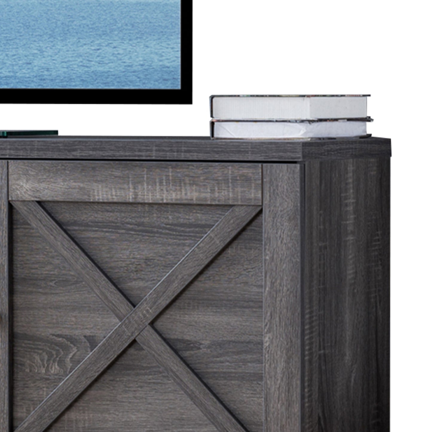 Transitional Wooden Tv Stand With Two Side Door Cabinets And Spacious Storage, Gray By Benzara | Cabinets | Modishstore - 4