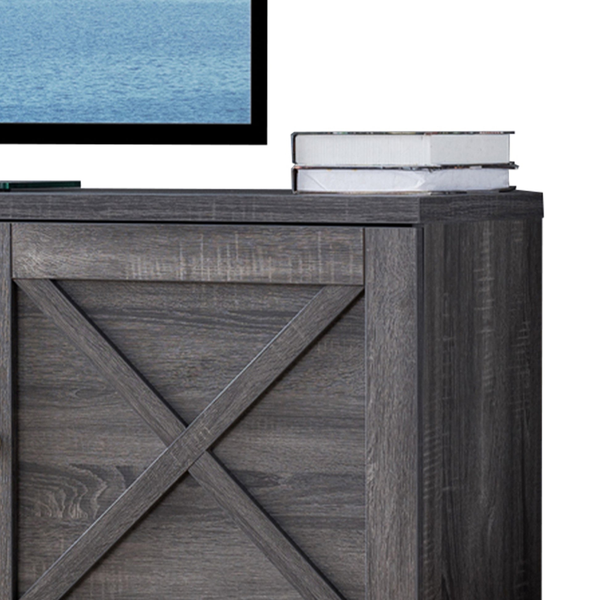 Transitional Wooden Tv Stand With Two Side Door Cabinets And Spacious Storage, Gray By Benzara | Cabinets | Modishstore - 4