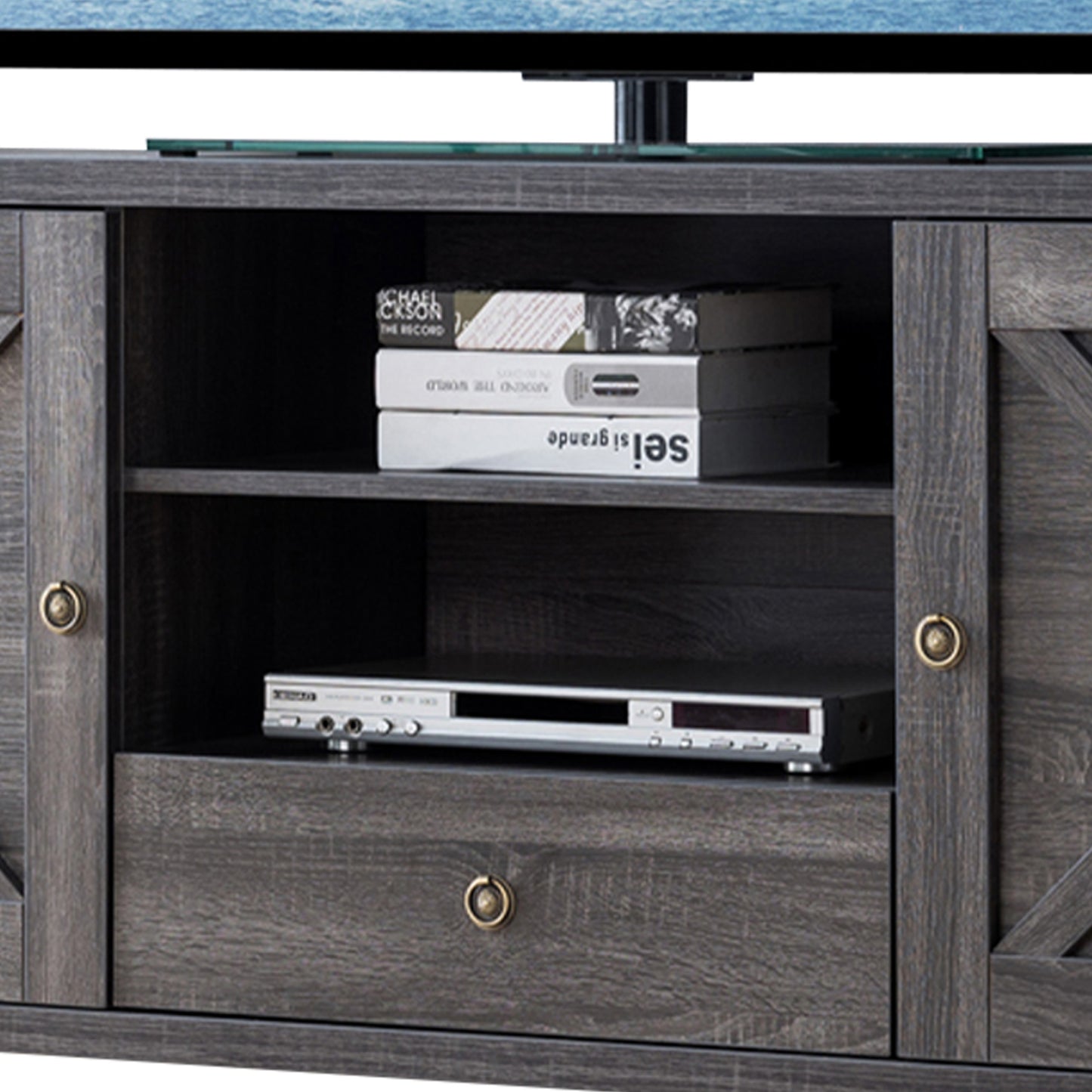 Transitional Wooden Tv Stand With Two Side Door Cabinets And Spacious Storage, Gray By Benzara | Cabinets | Modishstore - 5