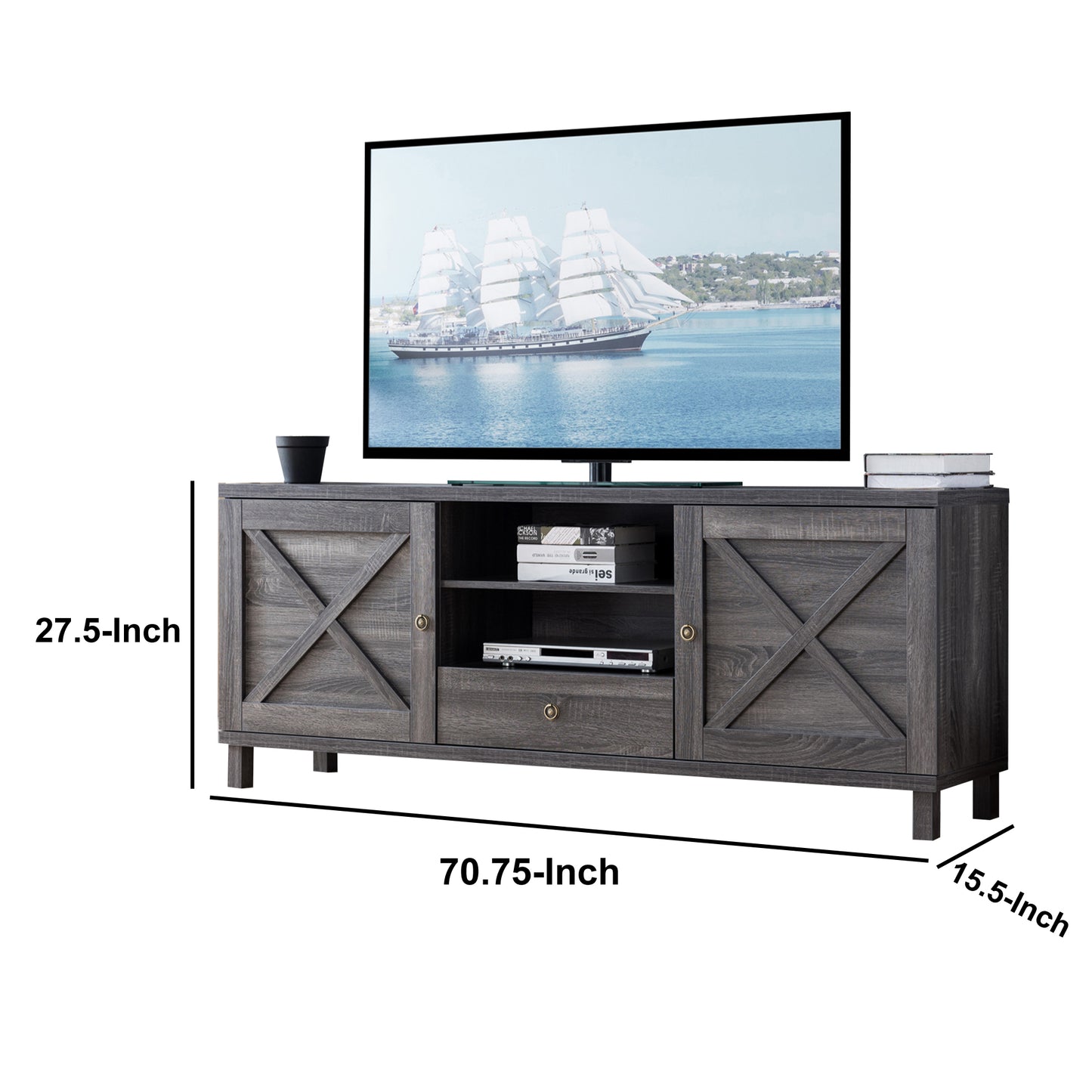 Transitional Wooden Tv Stand With Two Side Door Cabinets And Spacious Storage, Gray By Benzara | Cabinets | Modishstore - 6