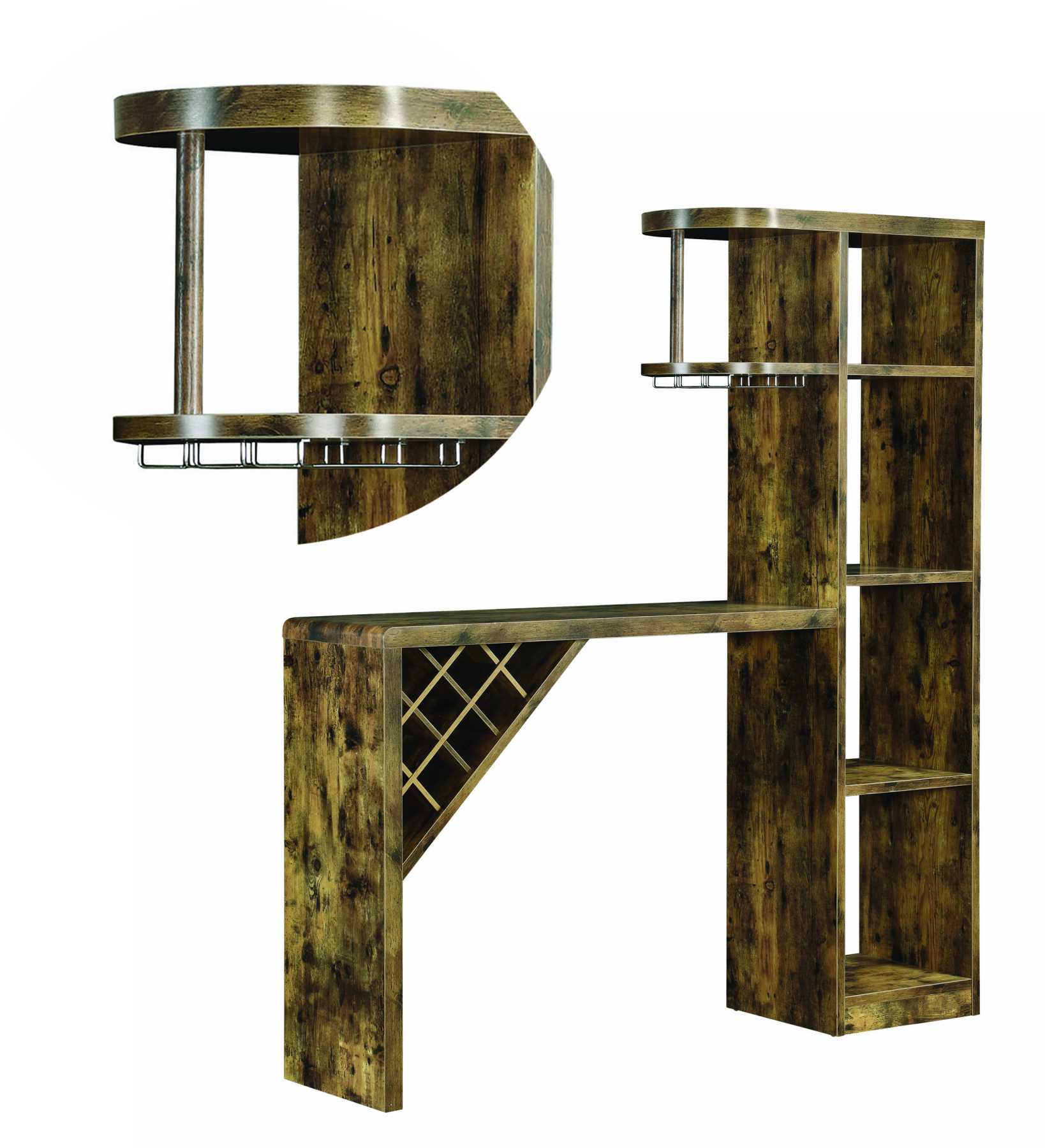 Wooden Bar Unit With Open Compartments And Diagonal Wine Section, Brown By Benzara | Cabinets |  Modishstore  - 5