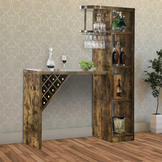 Wooden Bar Unit With Open Compartments And Diagonal Wine Section, Brown By Benzara | Cabinets |  Modishstore 