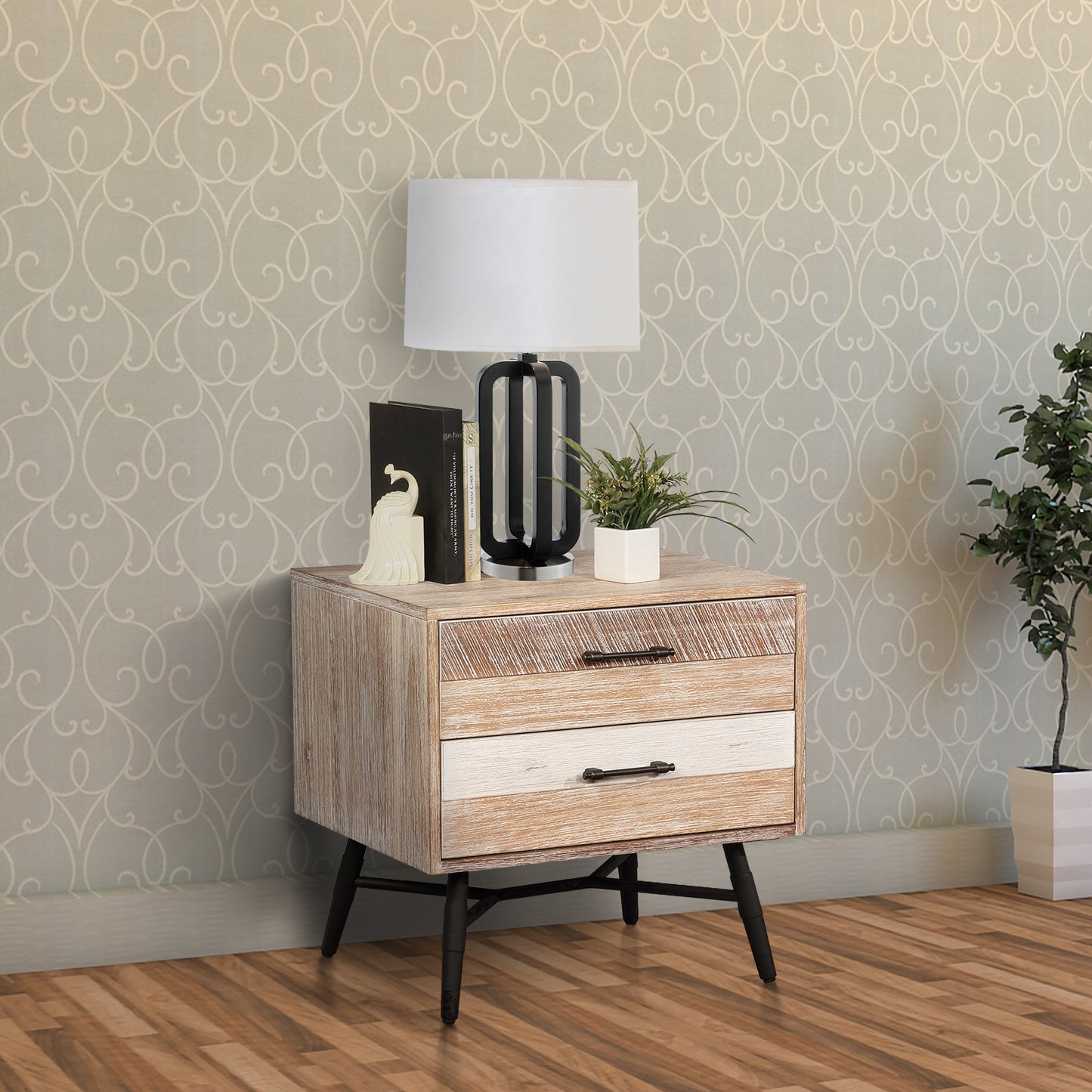 Two Drawer Wooden Nightstand With Metal Angled Legs, Brown And Black By Benzara | Nightstands |  Modishstore 