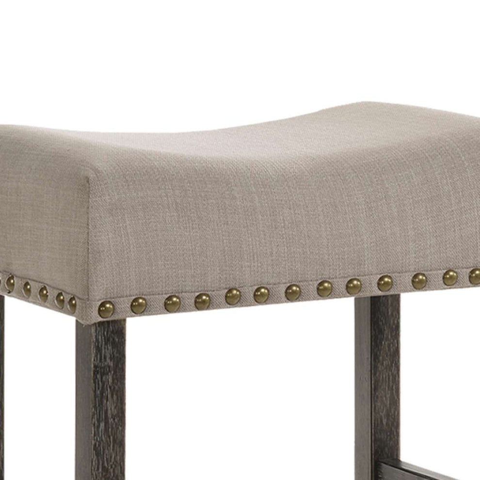 Wooden Counter Height Stool With Linen Upholstered Saddle Seat, Set Of 2, Beige And Gray By Benzara | Counter Stools |  Modishstore  - 4