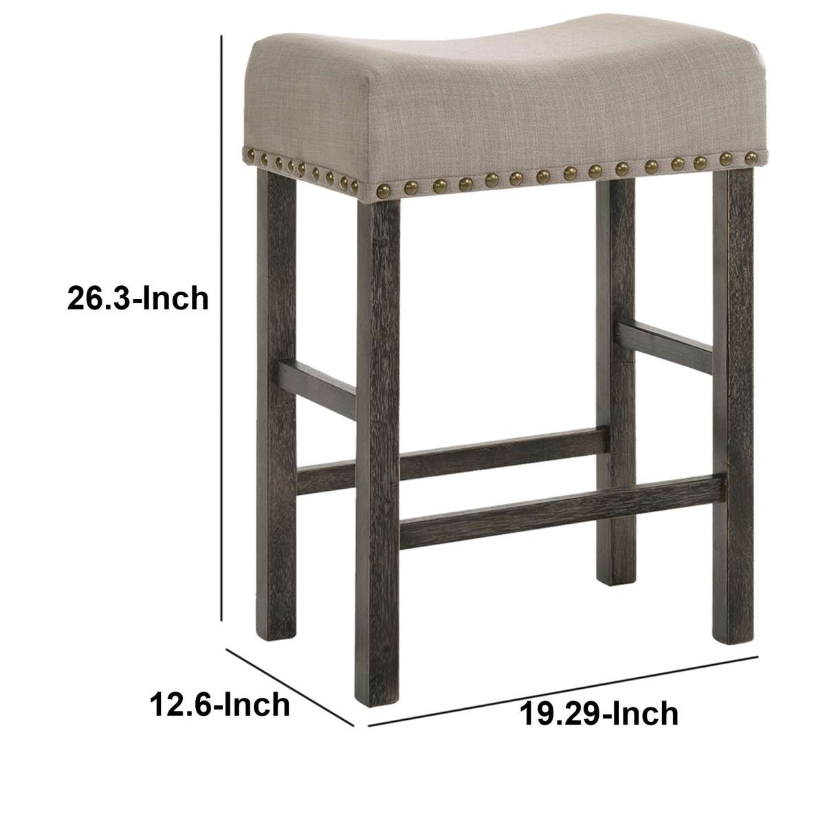 Wooden Counter Height Stool With Linen Upholstered Saddle Seat, Set Of 2, Beige And Gray By Benzara | Counter Stools |  Modishstore  - 5