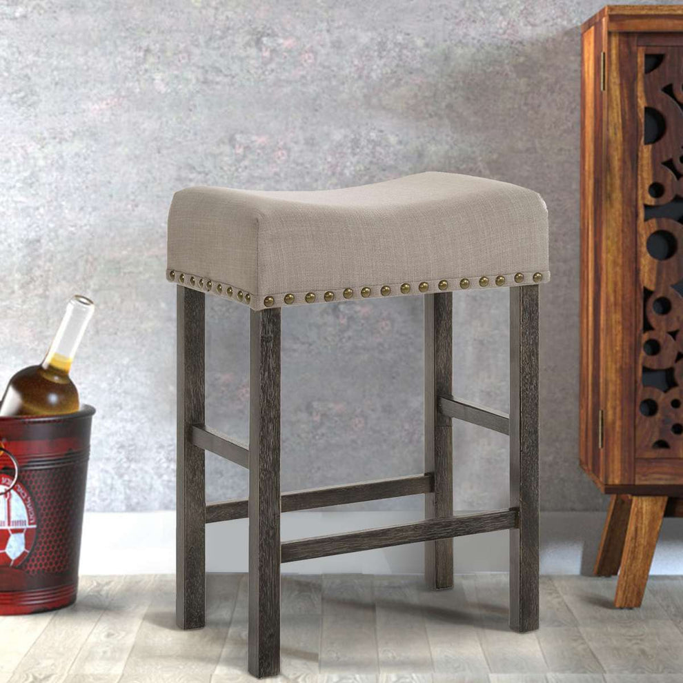 Wooden Counter Height Stool With Linen Upholstered Saddle Seat, Set Of 2, Beige And Gray By Benzara | Counter Stools |  Modishstore  - 2